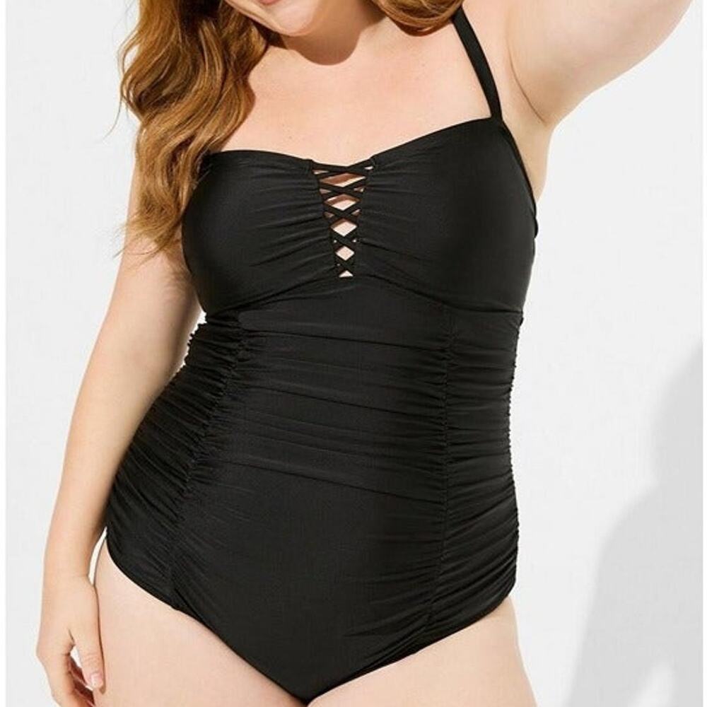 Torrid Bathing Suit 3X Deep Black Slim Fix Wireless Lattice One Piece Swimsuit